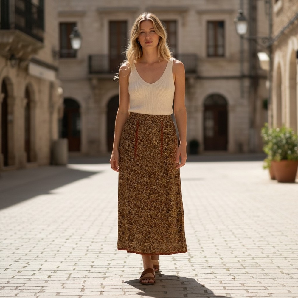 Funky People Brown Paisley Cotton Maxi Skirt Velvet Trim Boho NWT Size M